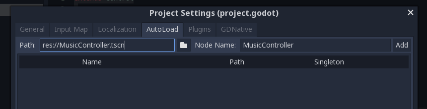 Screenshot of the autoload manager, with the path to the music controller scene selected
