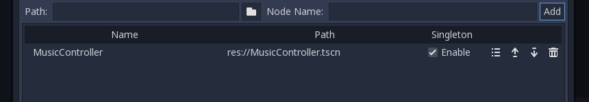 Screenshot of the autoload manager, with the path to the music controller scene added and enabled