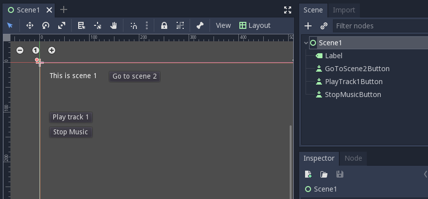 Screenshot of scene 1, containing a label saying 'This is scene 1', a button labeled 'Go to scene 2', another button labeled 'Play track 1', and a third button labeled 'Stop music'.
