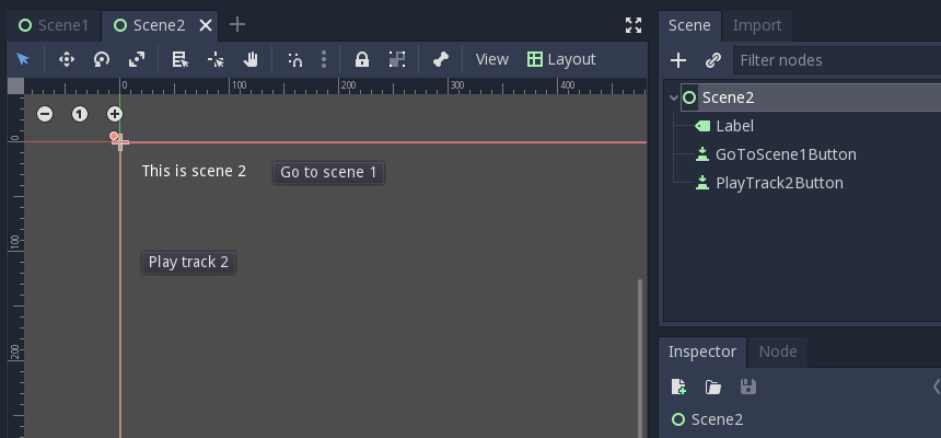 Screenshot of scene 2, containing a label saying 'This is scene 2', a button labeled 'Go to scene 1', and a second button labeled 'Play track 2'.