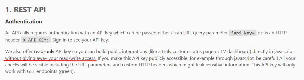 Screenshot of the documentation for the updown.io API, explaining that the read-only API key can be used directly in Javascript without giving away read/write access.