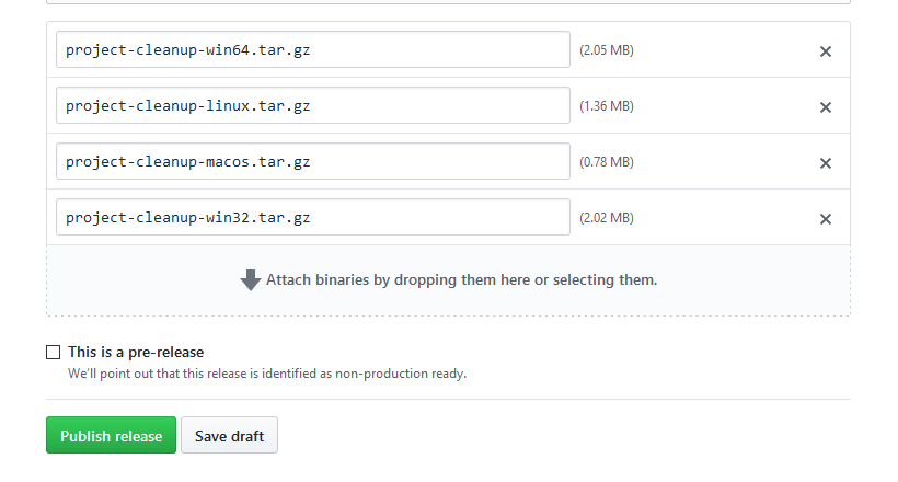Screenshot of attached binaries in the Github release editor